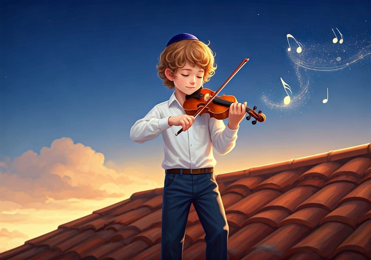 Boy on Roof Plays Violin, Anime-Inspired 3D Art