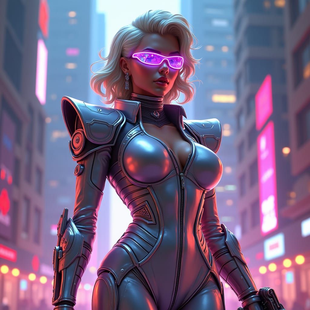 Retro-Futuristic Heroine in Neon Cityscape