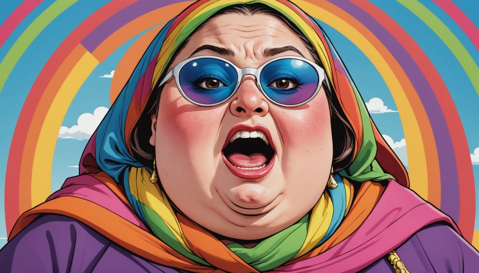 Anime-Style Cartoon Woman in Rainbow Hijab