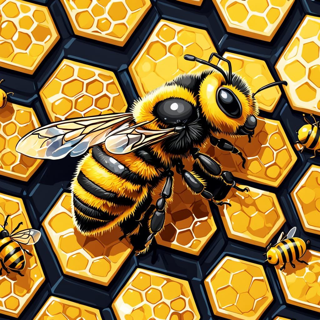 Cartoon style bumblebee with honey comb blanket. Cartoon bubble with "Buzzzzzzzz"