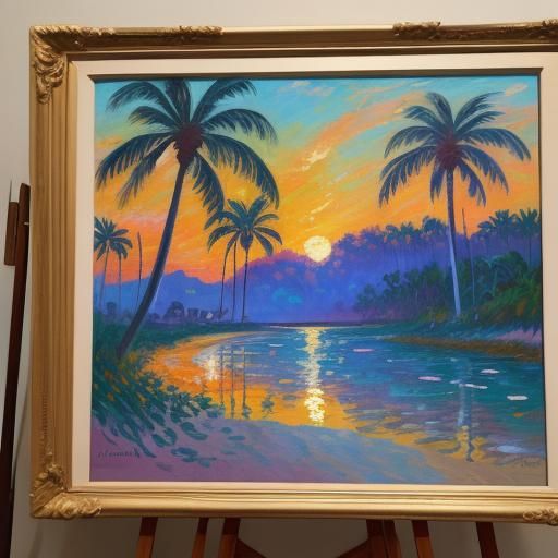 Palm Tree Beach Scene in Impressionist Oil Painting