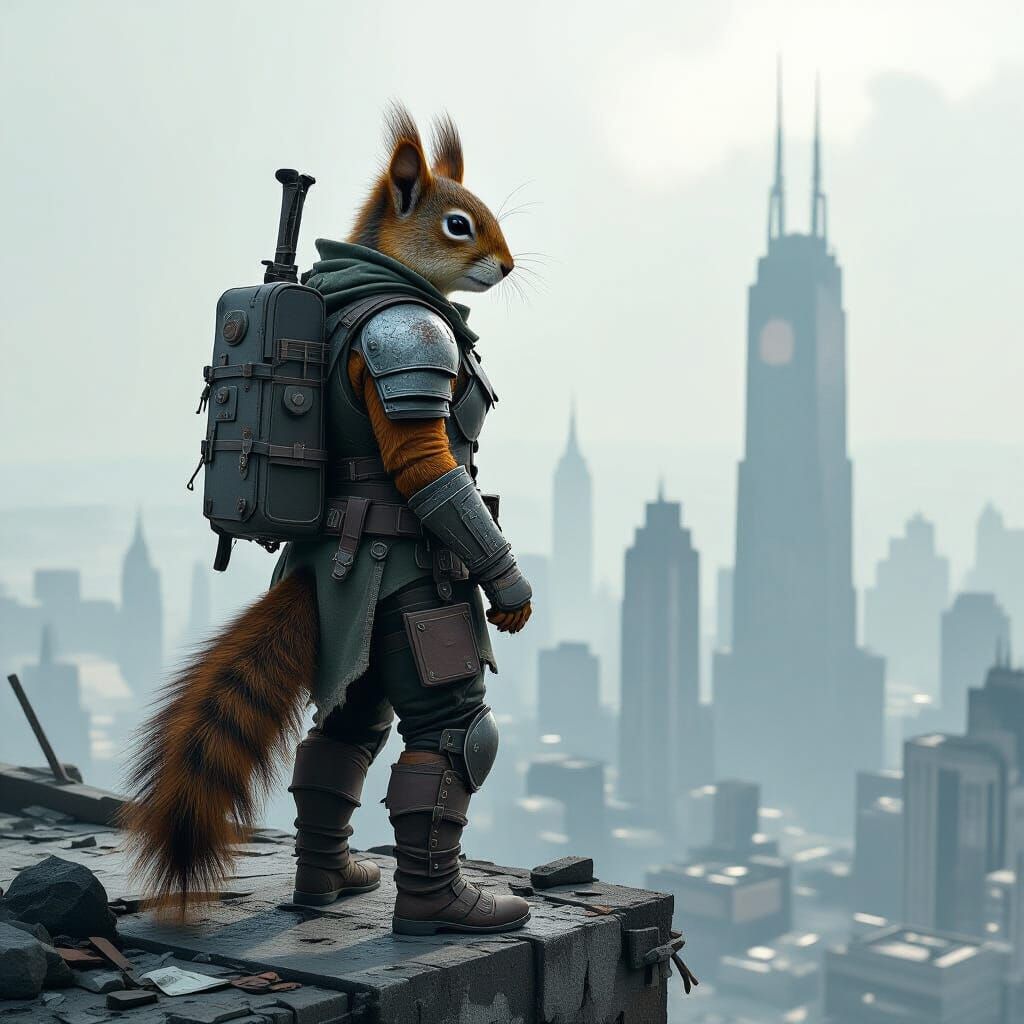 Post-Apocalyptic Squirrel Warrior Overlooking Barren Wastela...
