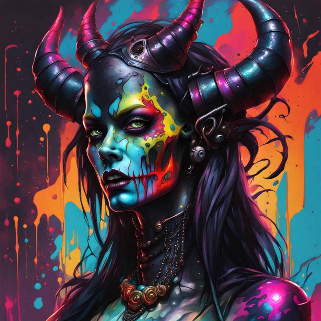 Gothic Demon in Neon Party Graffiti Art