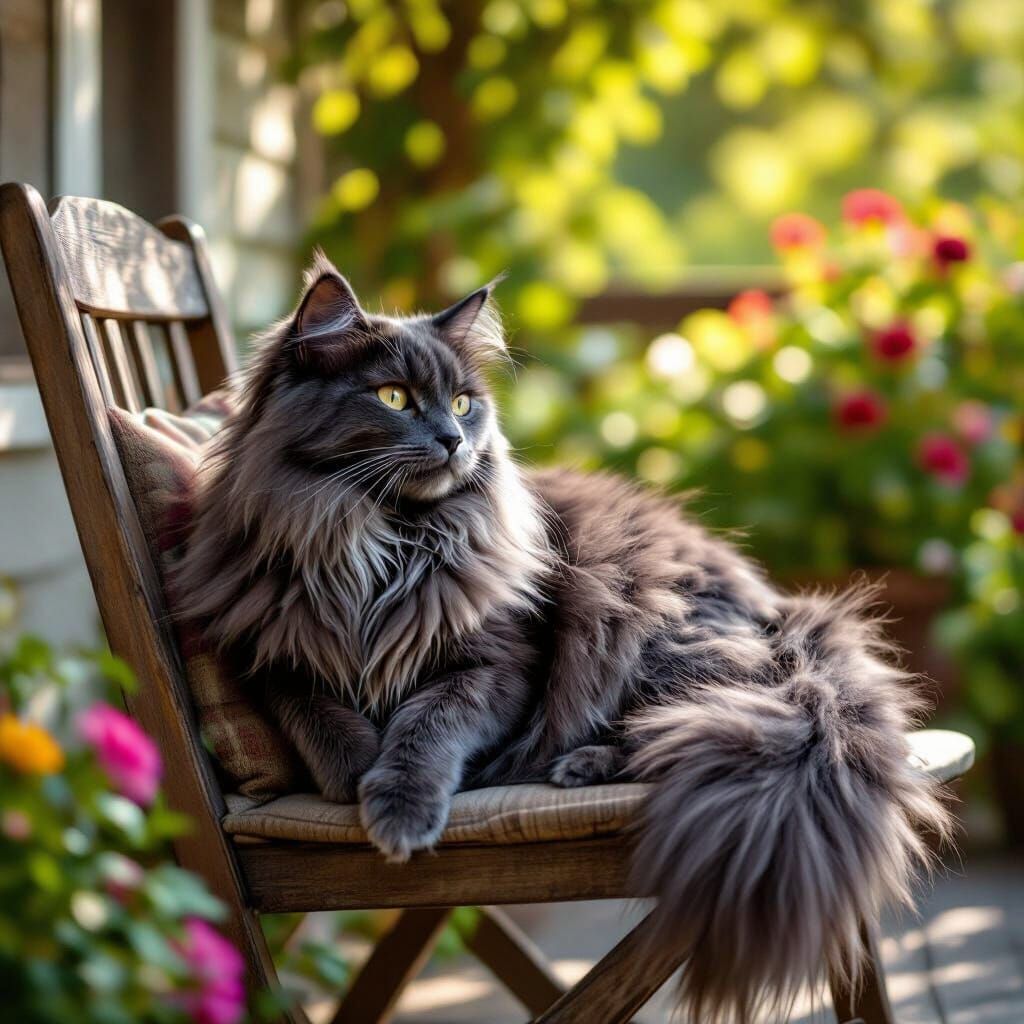 Photorealistic Long-Haired Cat on Sunny Deck