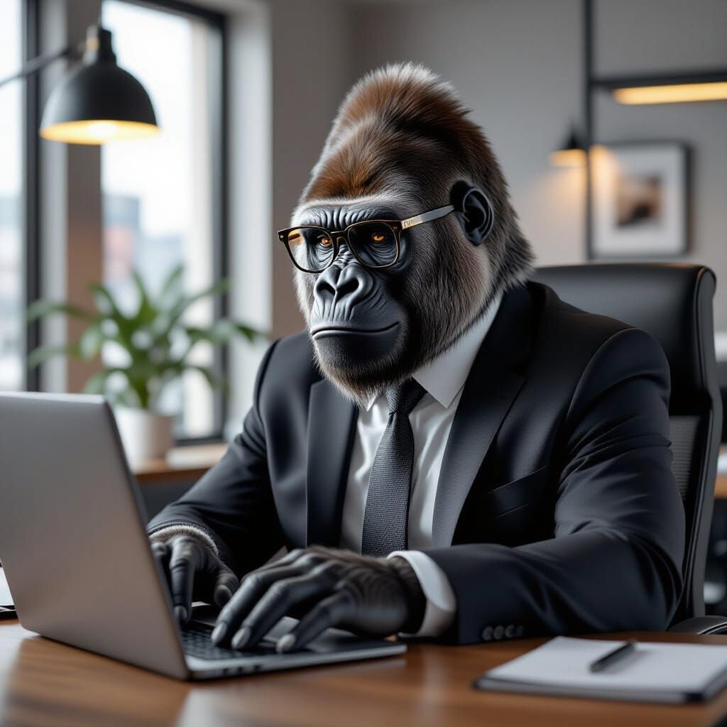 Photorealistic Gorilla Working in Modern Office