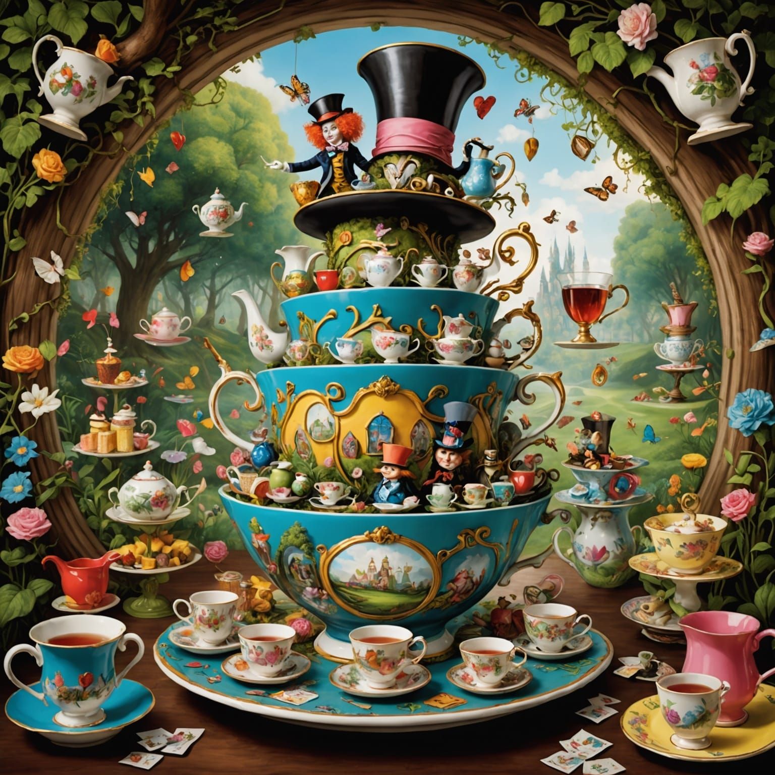 An elaborate recreation of the Mad Hatter’s tea party in Alice in Wonderland within the confines of a giant tea cup.