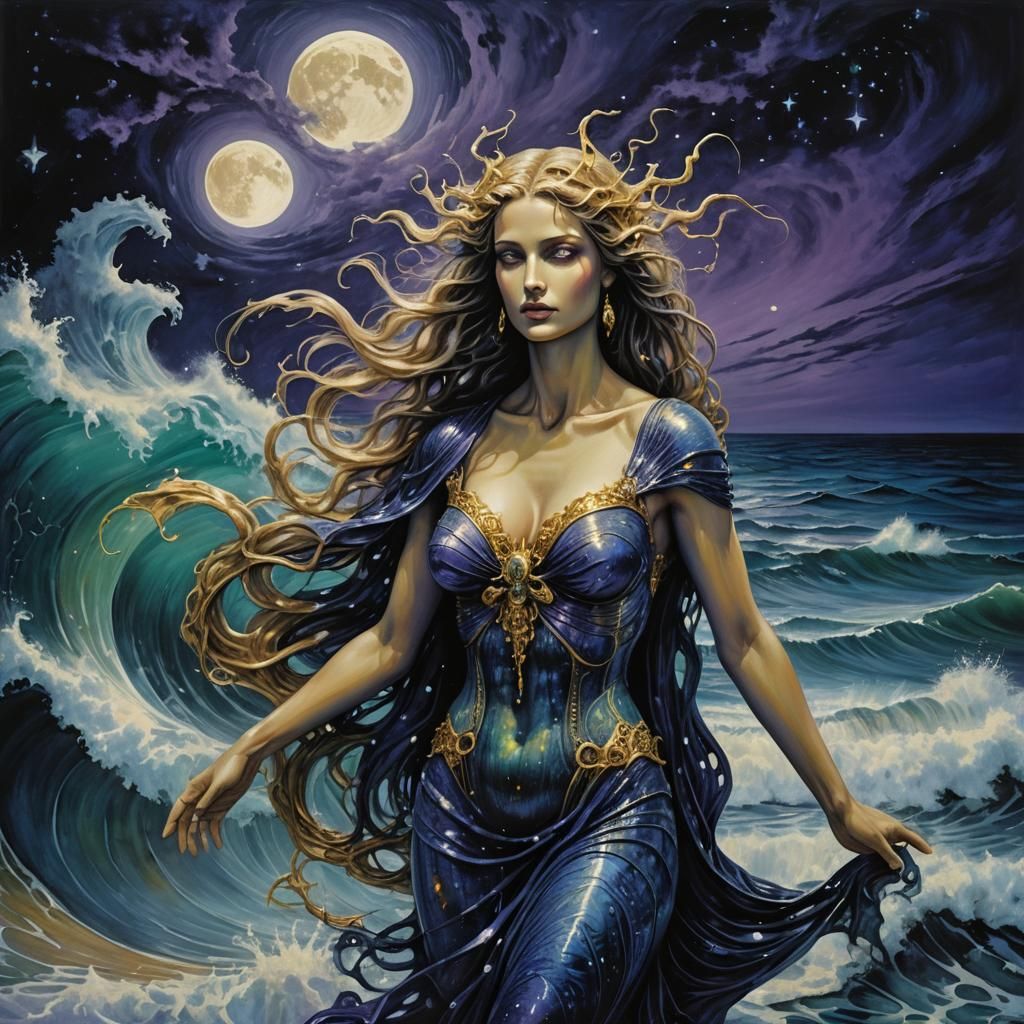 Aphrodite Emerges from the Sea in Dark Organic Style