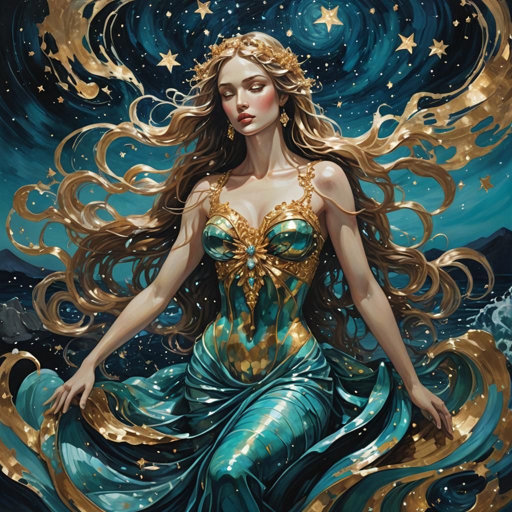 Surreal Goddess Emerges from Turquoise Sea in Iridescent Glo...