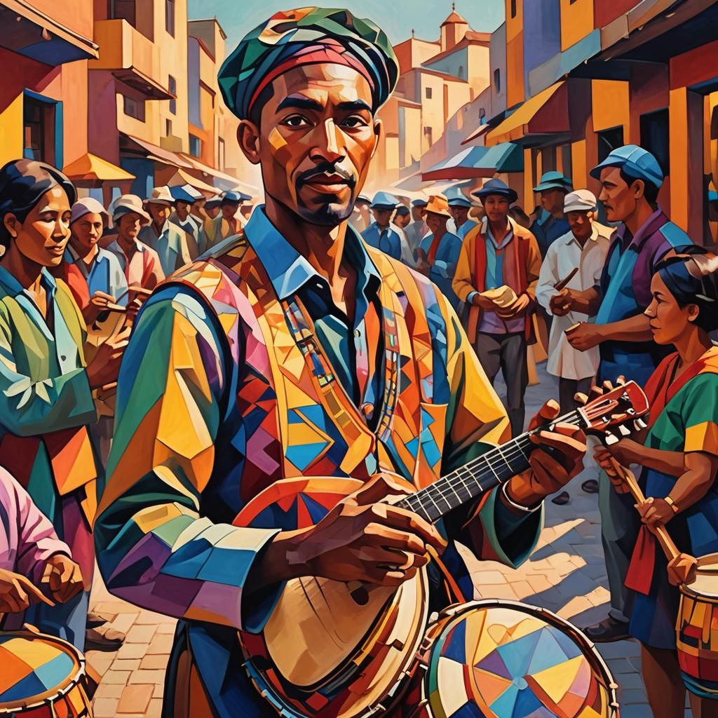 Geometric Fauvism Painting of Folk Musician