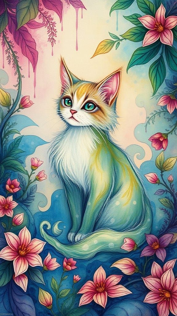 Enchanted Whimsy: Mystical Feline Amidst Vibrant Foliage