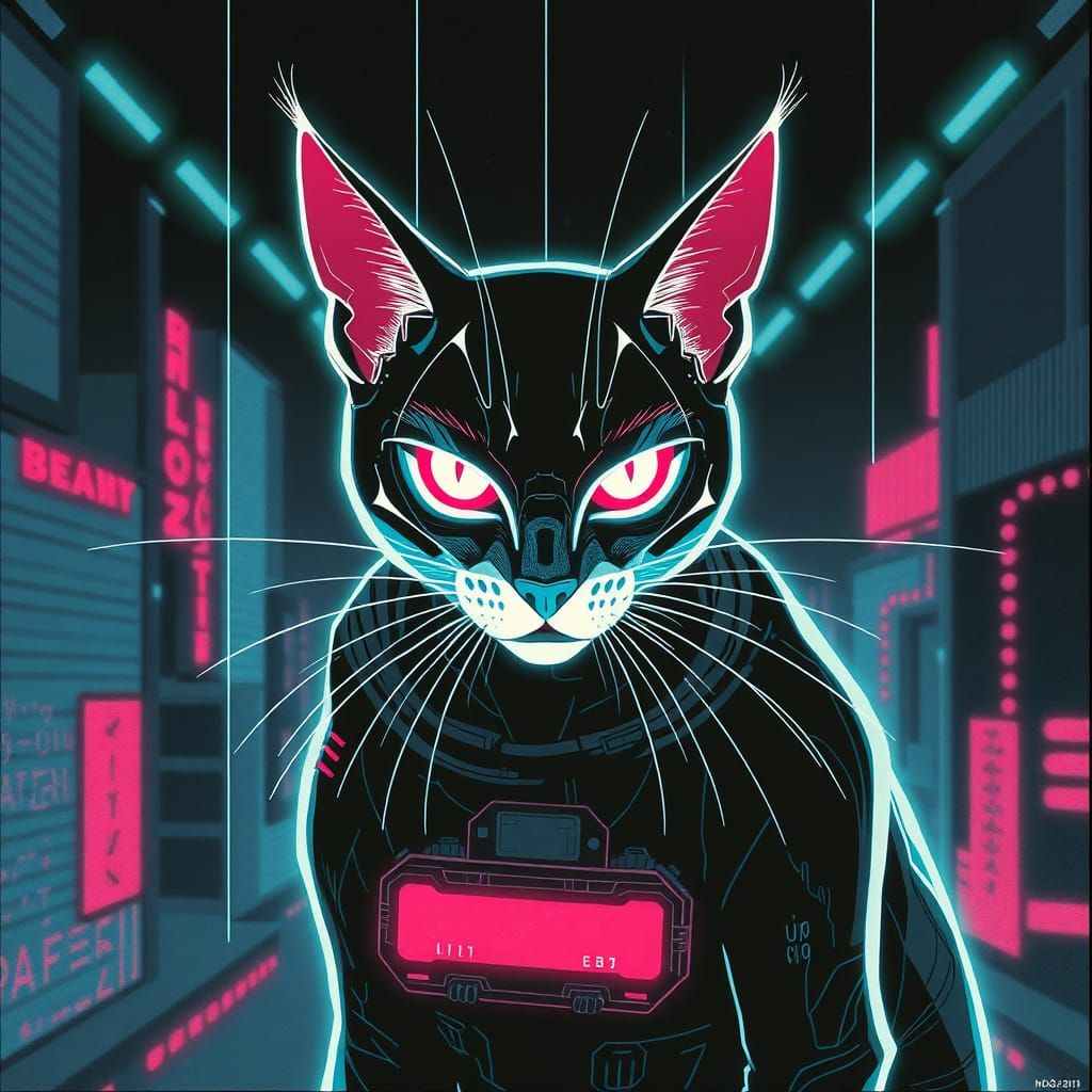 Cyberpunk Cybercat in Moebius Style