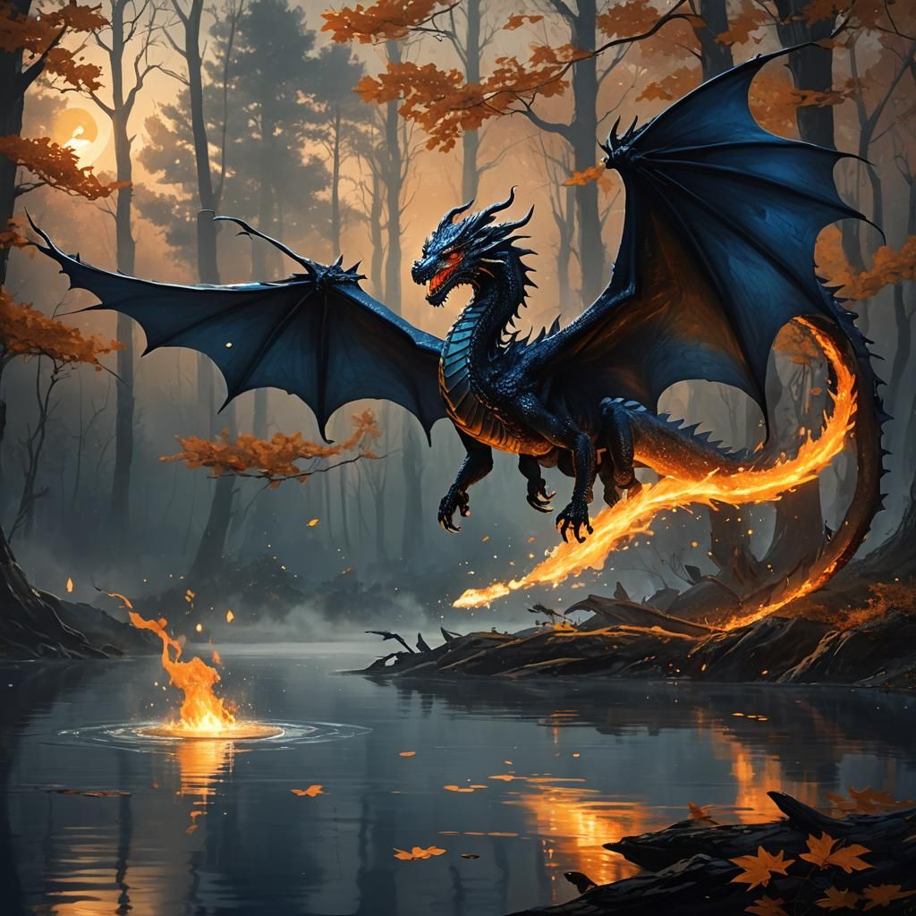 Majestic Black Dragon in Moonlit Flight
