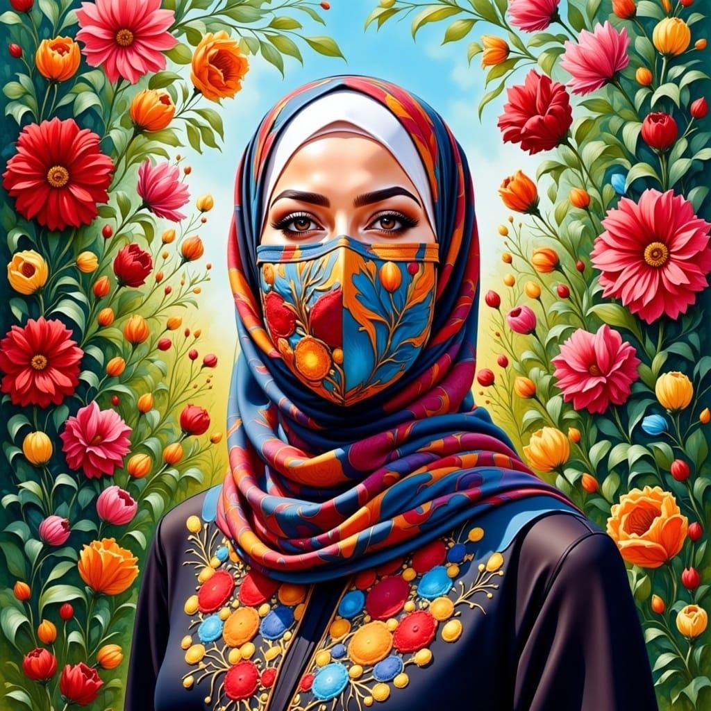 Gaudi-Inspired Surrealism: A Confident Hijabi Woman in a Vib...