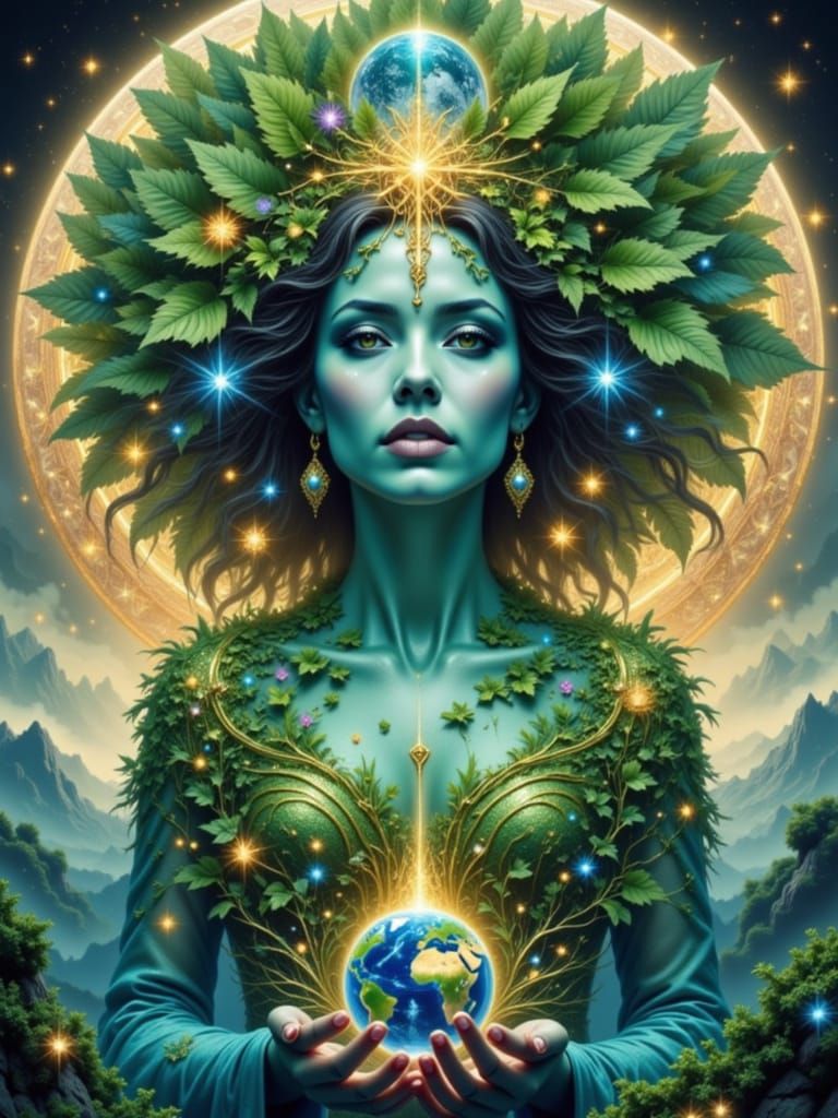 Majestic Gaia Emerges from Lush Landscape in Dreamlike Photo...
