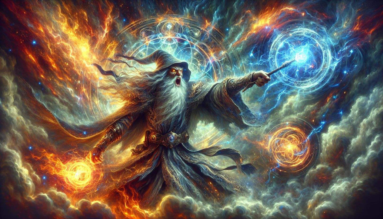 Epic Wizard Warrior Casts Fiery Spell