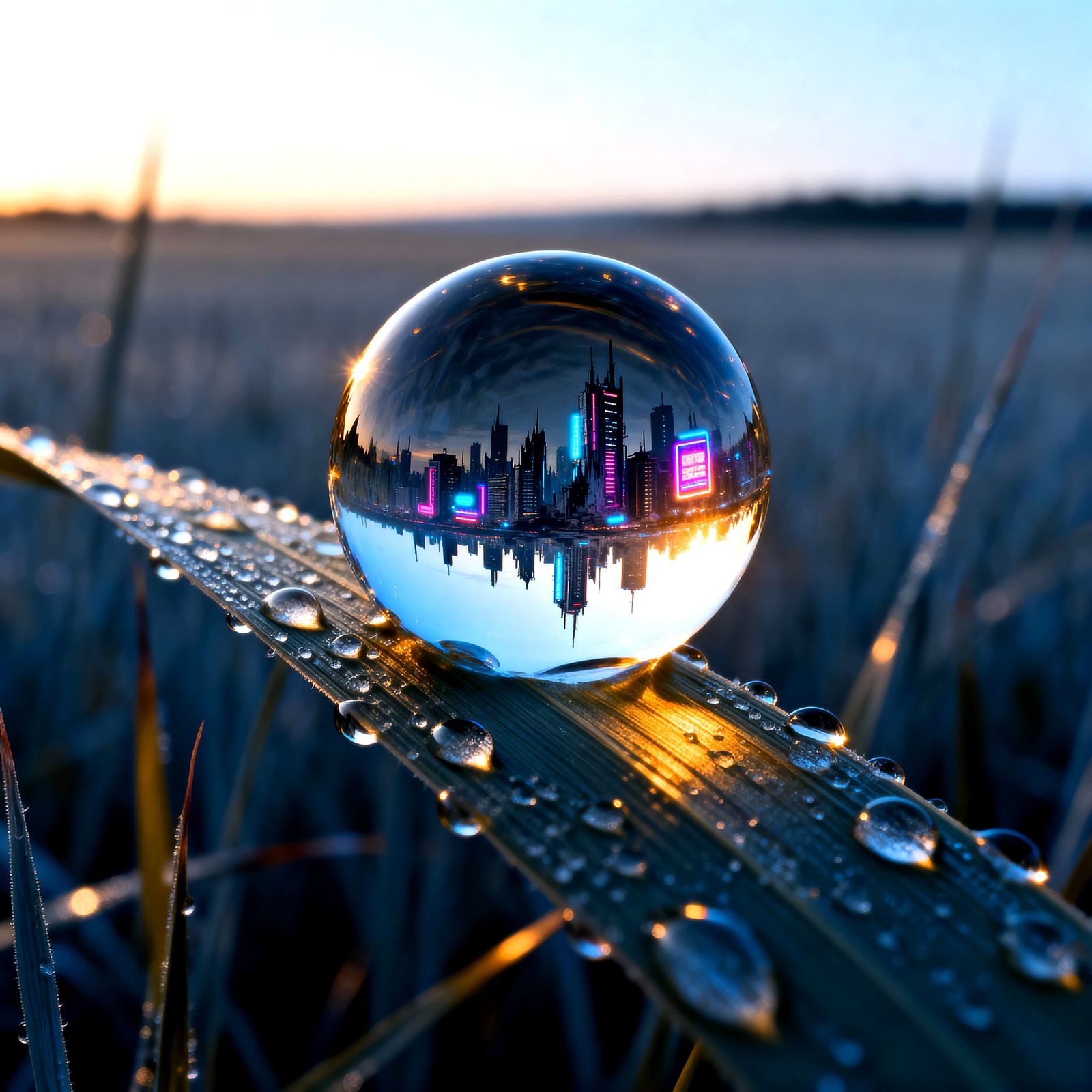 Dewdrop Reflecting Dystopian City - Hyperrealistic Nature Sc...