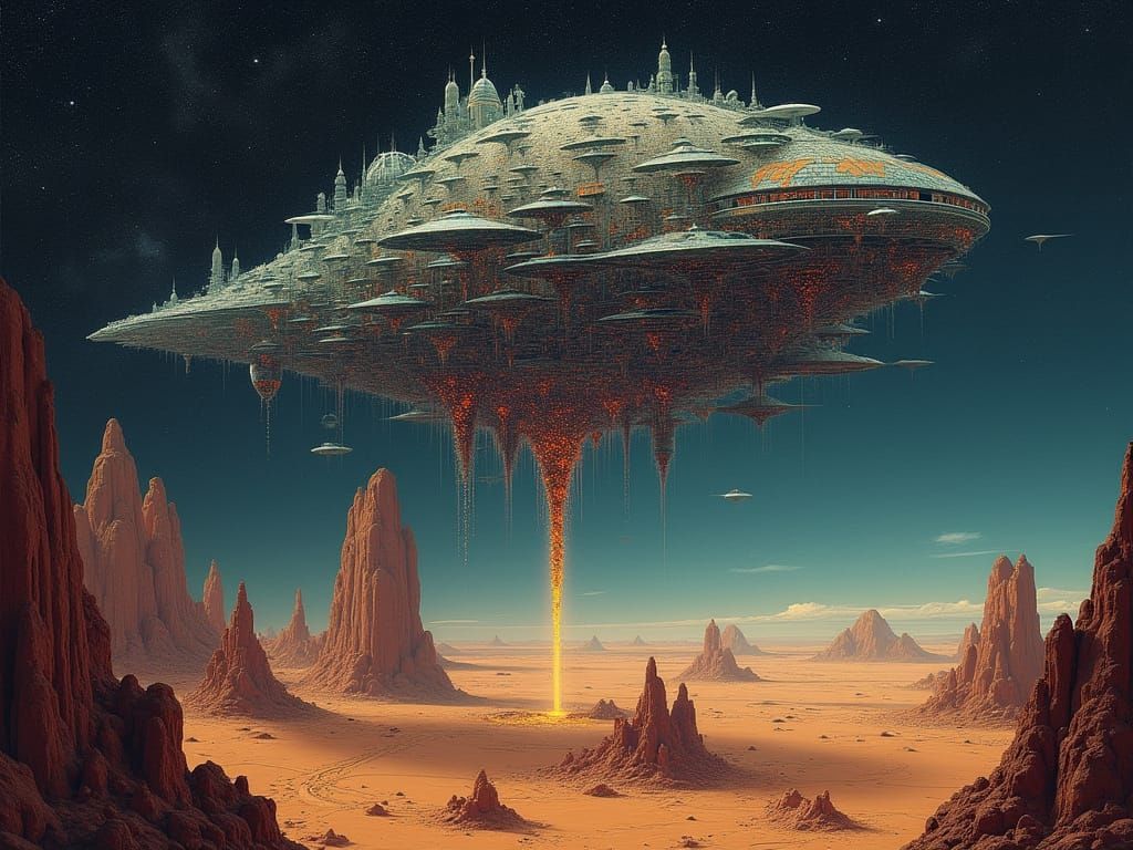 Deeply genetic in nature gigantic complex multitiered spaceship above a desert landscape dynamic lighting luminous fract...