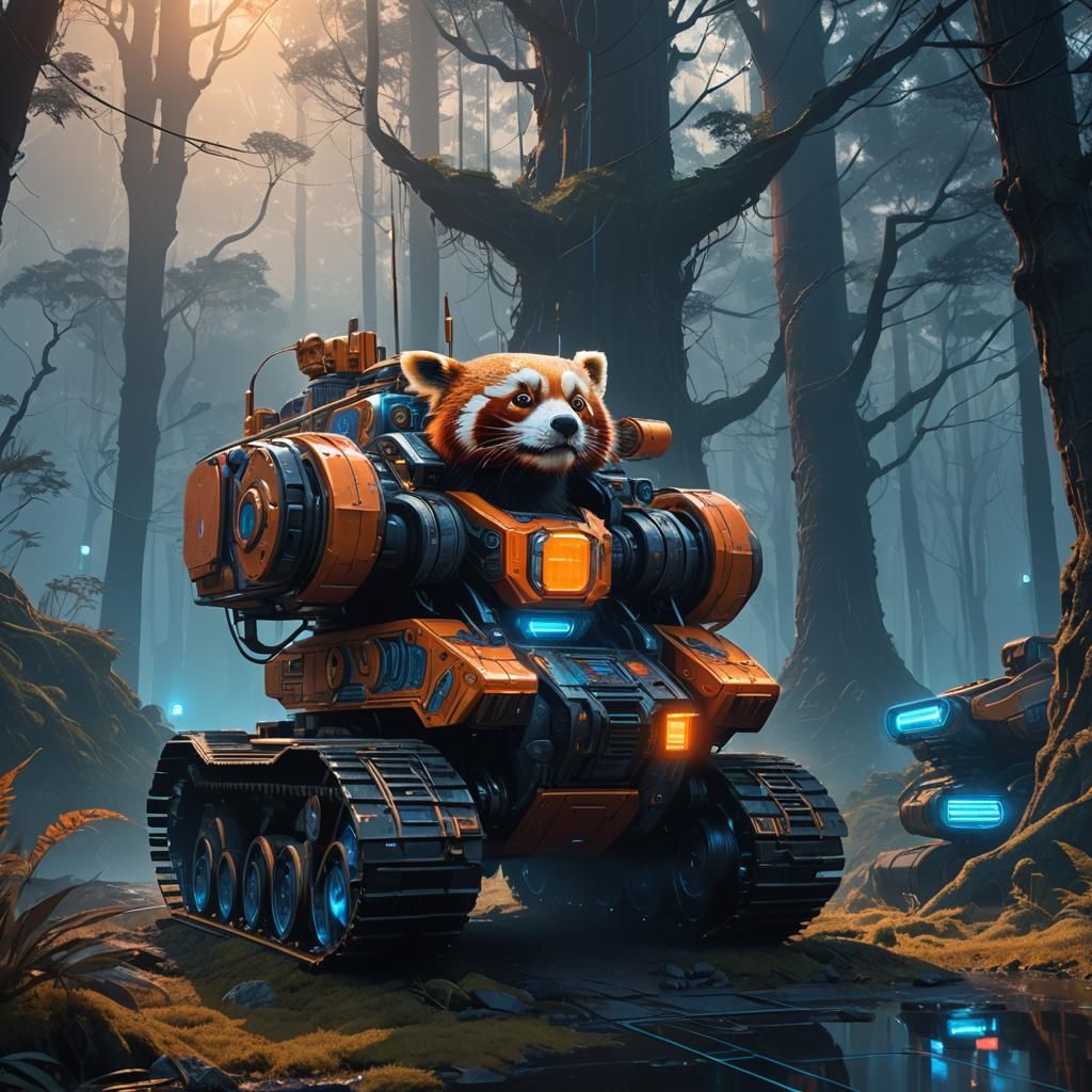 Red Panda Robot Tank in Futuristic Forest