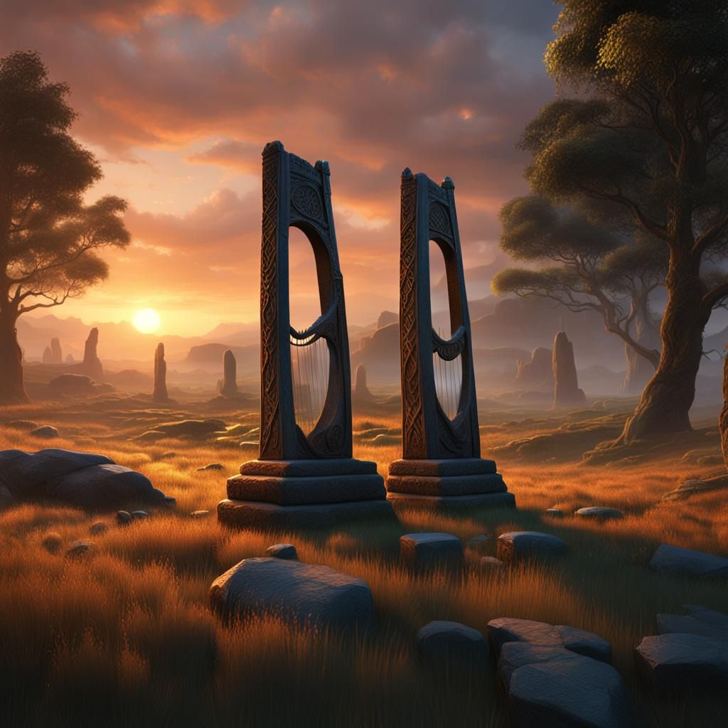 Standing Stones and Celtic Harp at Sundown