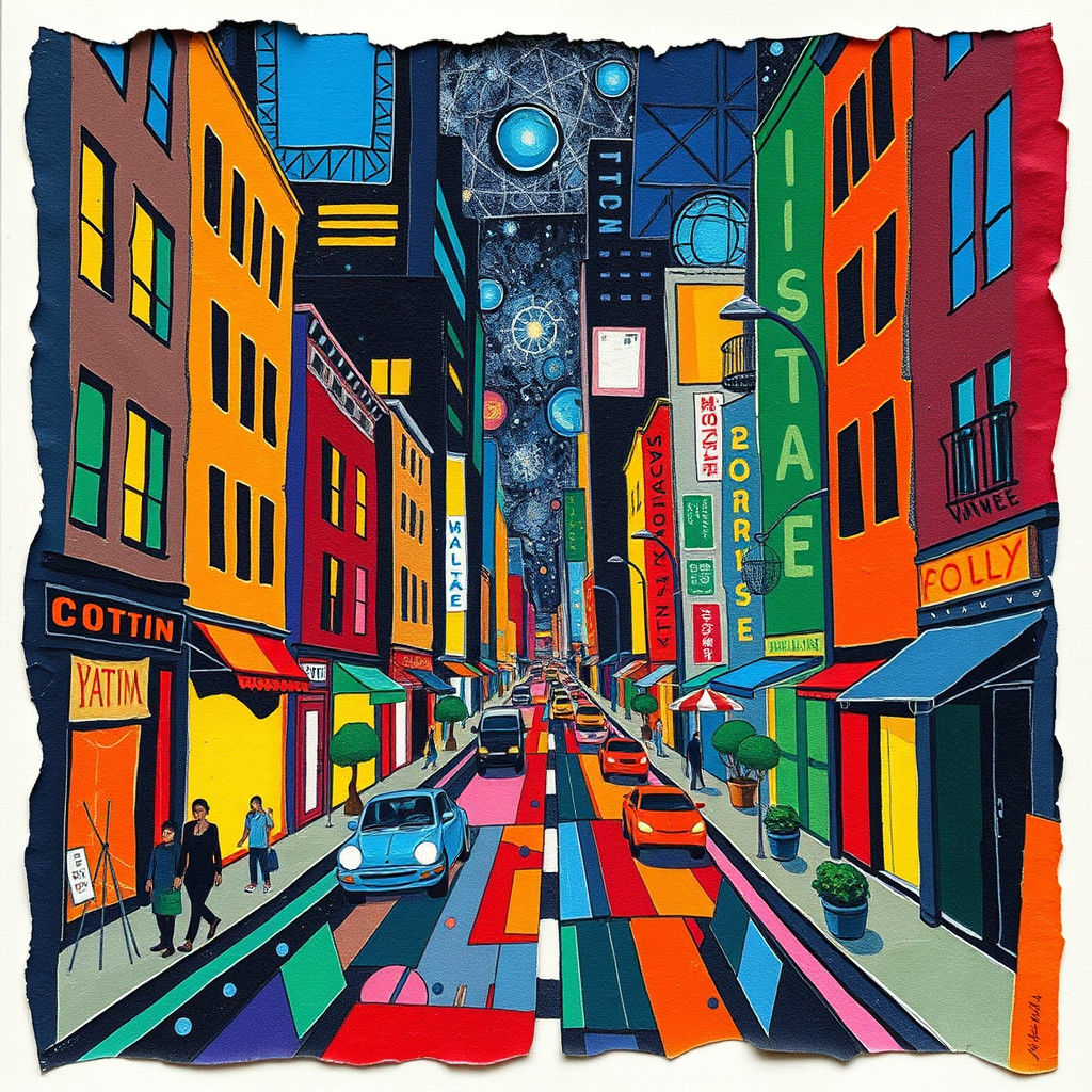 Vibrant City Street in Naive Illustration Style