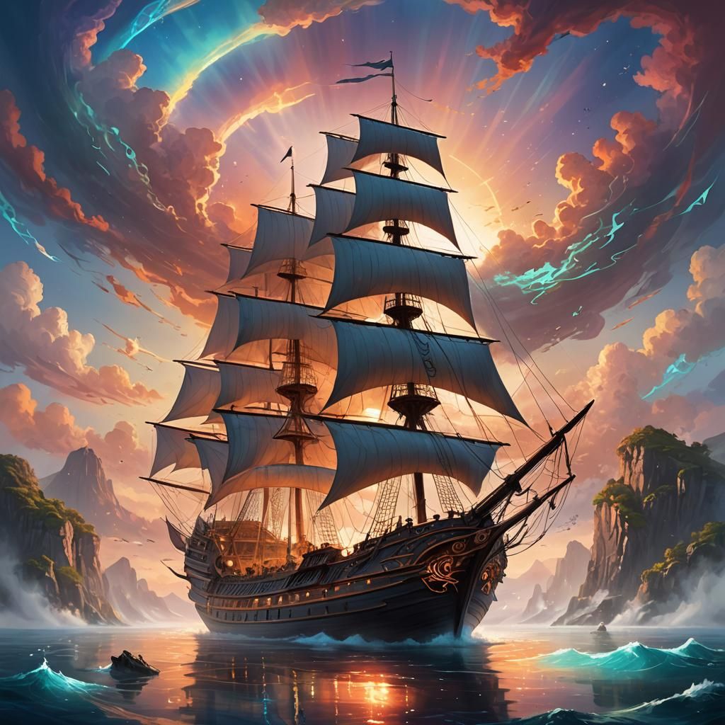 Mystical Ship Sets Sail at Sunrise