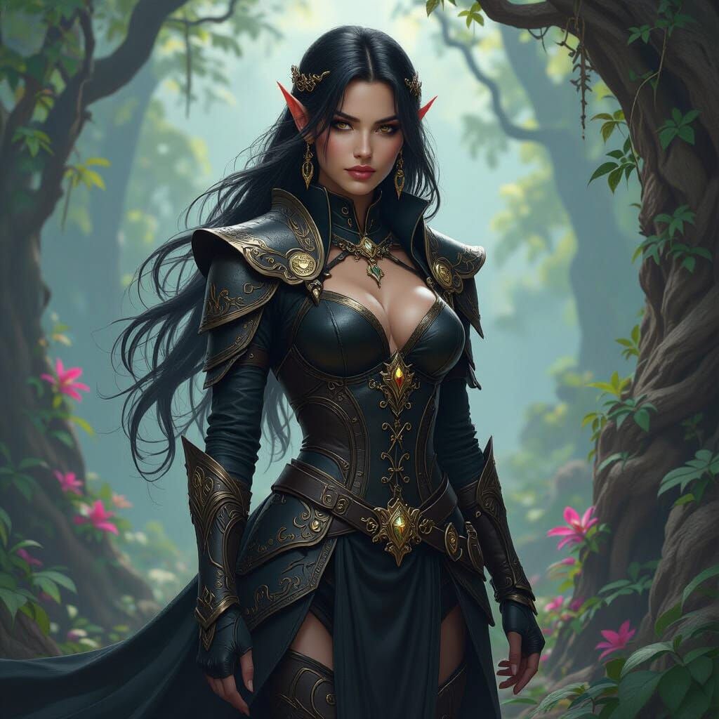 Drow Warrior in Mystical Forest, Matte Painting Style