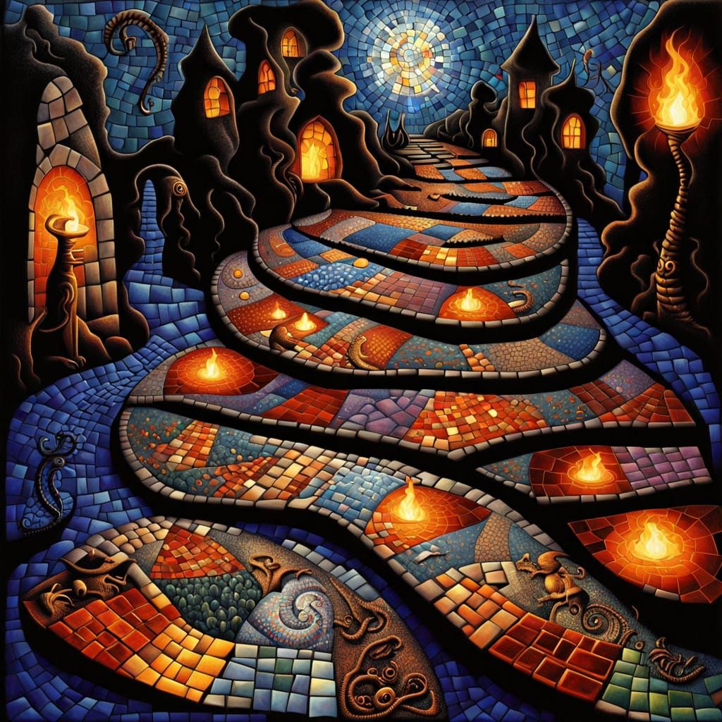 The lit mosaic path