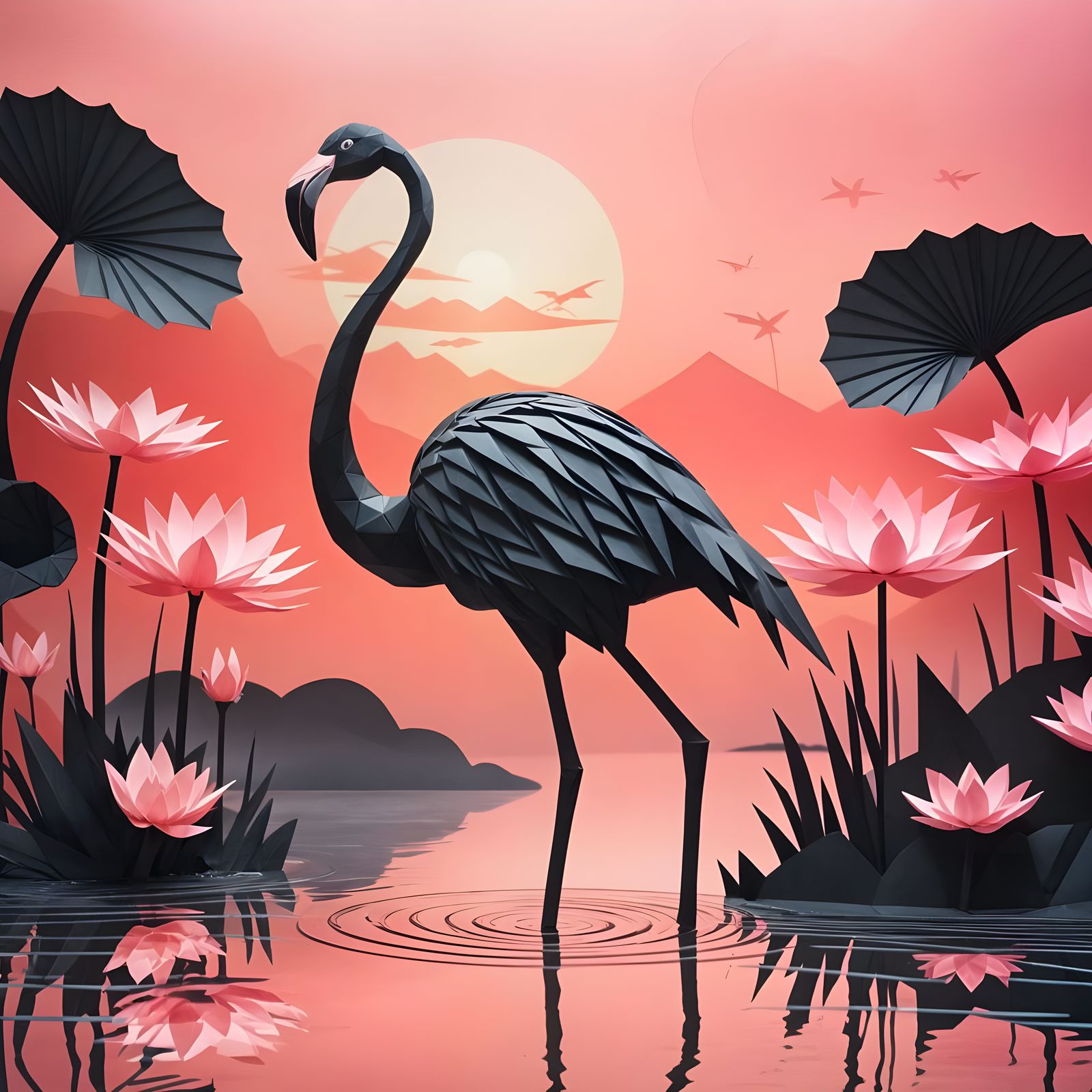 Pink and Black Kirigami Flamingo Silhouette