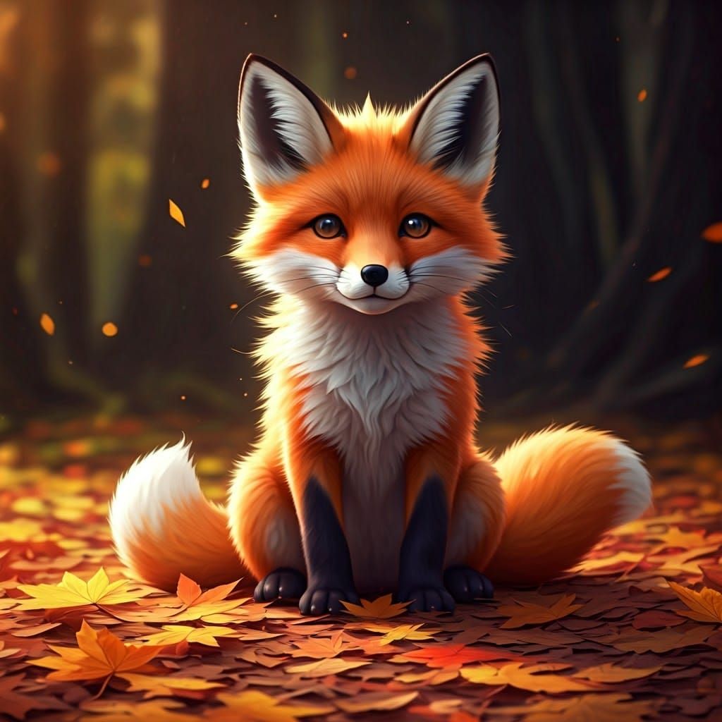 Baby Red Fox in Autumn Leaves, Anime Art