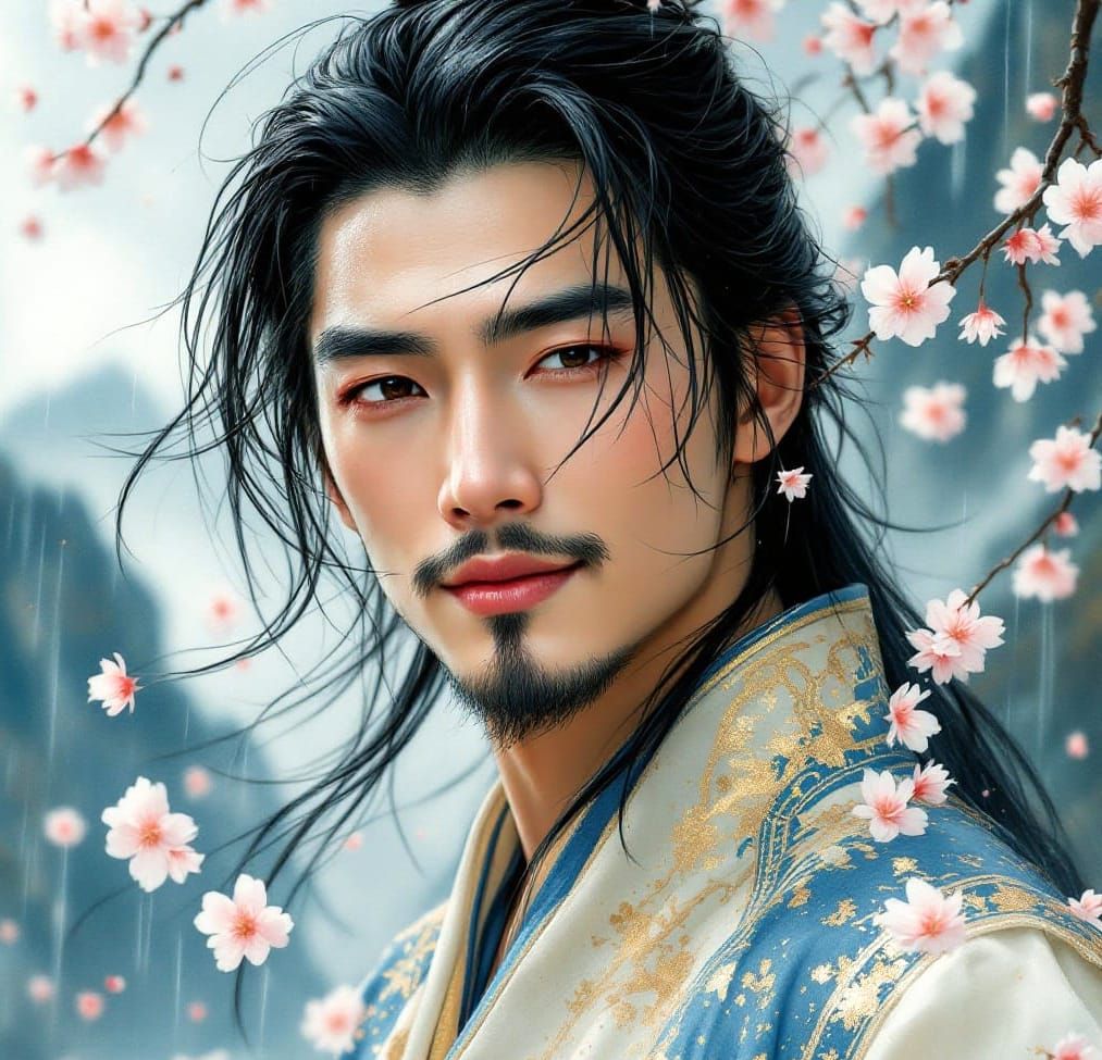 Asian Gentleman in Cherry Blossom Fantasy