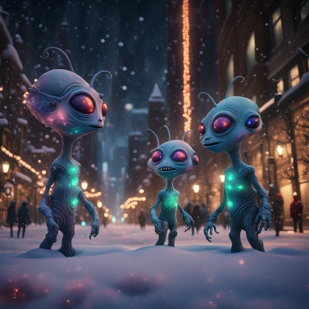 Aliens Celebrate Christmas in a Fantastical Cityscape