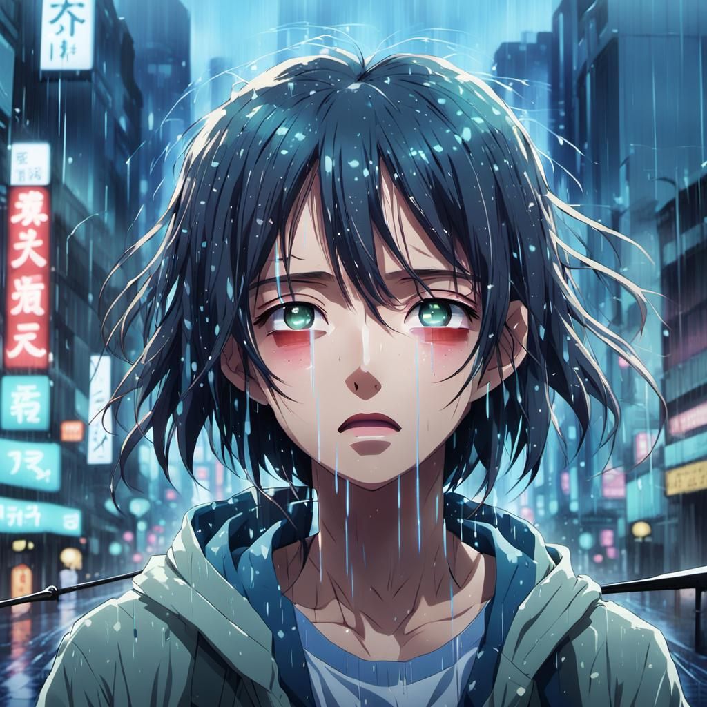 Melancholic Anime Girl Crying in Rainy City