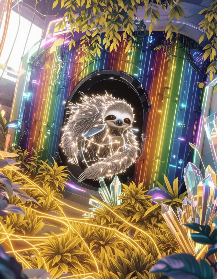 Cyberpunk Sloth in Neon Alien Jungle
