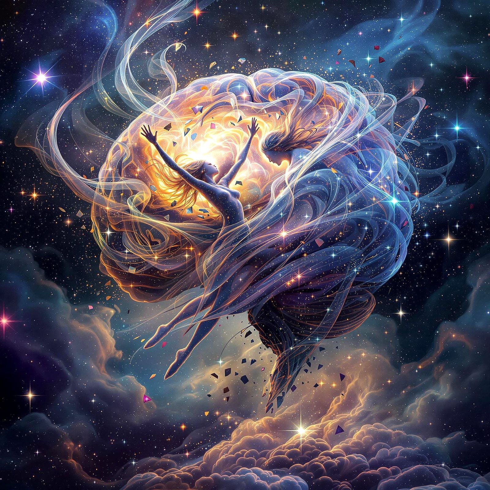 Cosmic Ballet: Ethereal Figures in a Disintegrating Brain