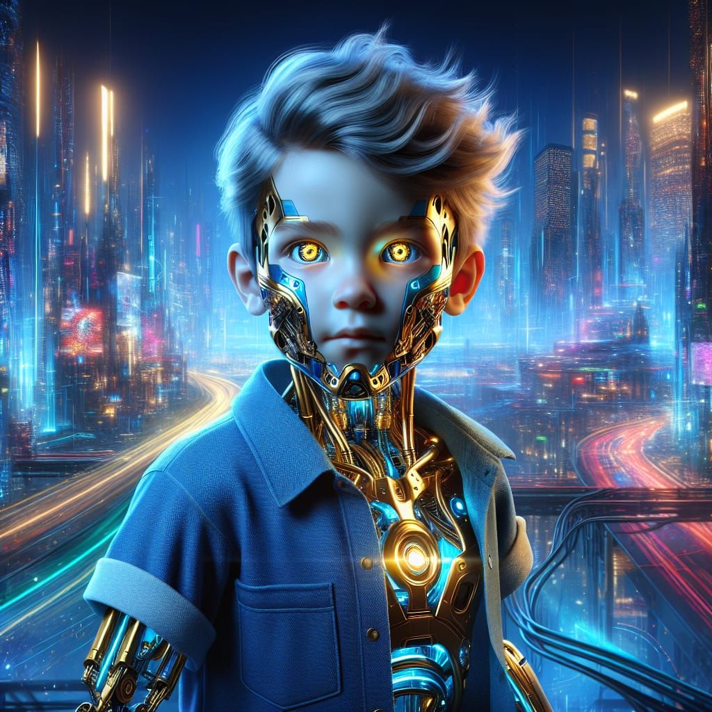 Cybernetic Toddler in a Neon-Lit City, as Concept Art