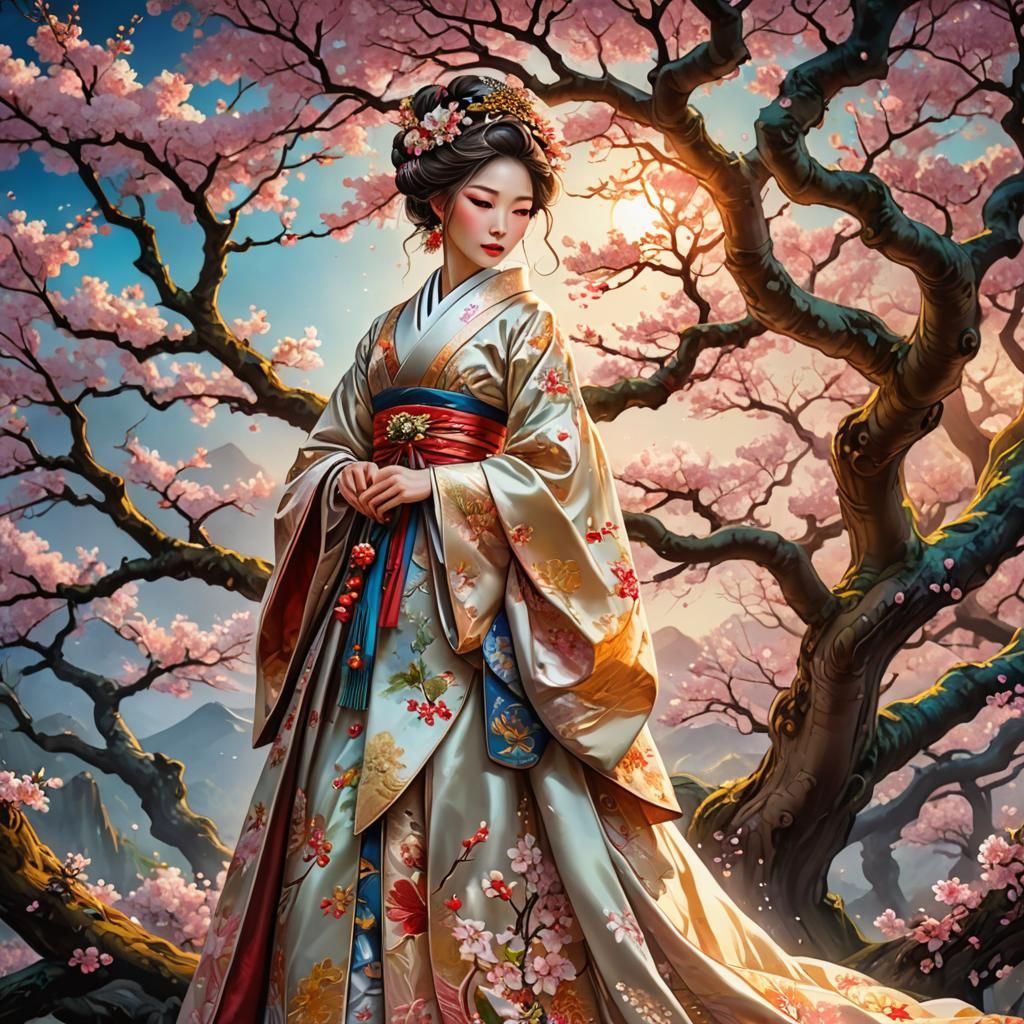 Japanese Bride in Cherry Blossoms at Sunrise