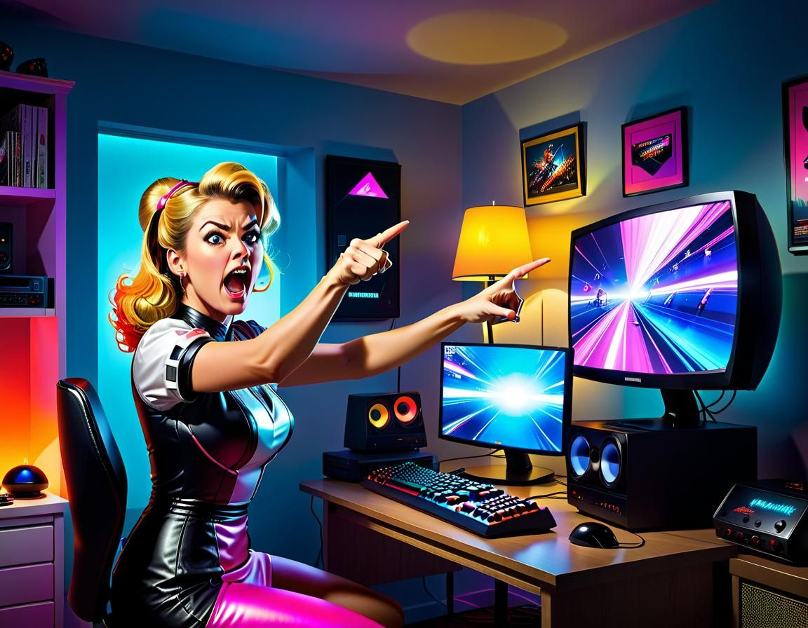 Enraged Housewife Gamer in Colorful Sci-Fi Bedroom