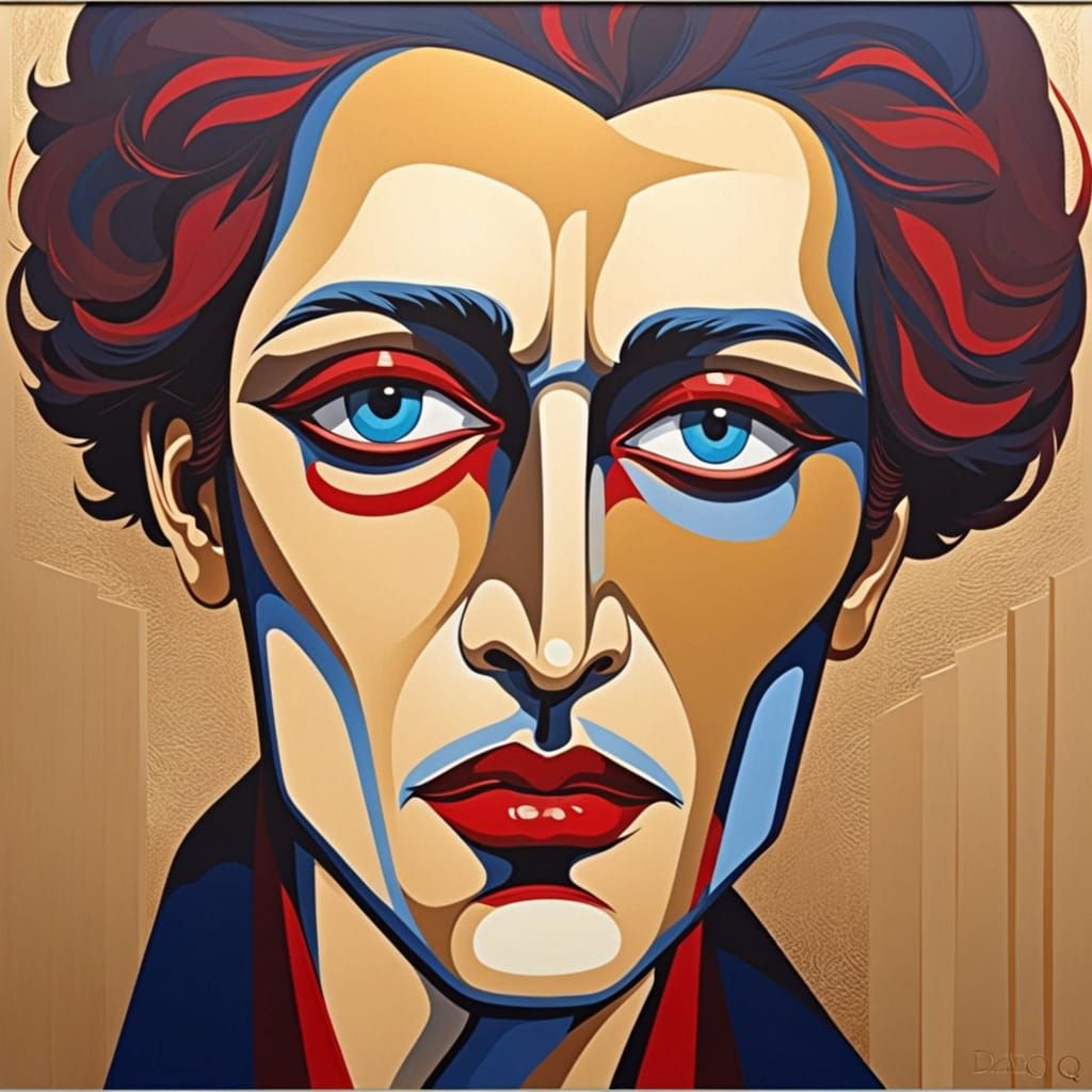 Abstract Dadaist Portrait in Red and Blue Palette