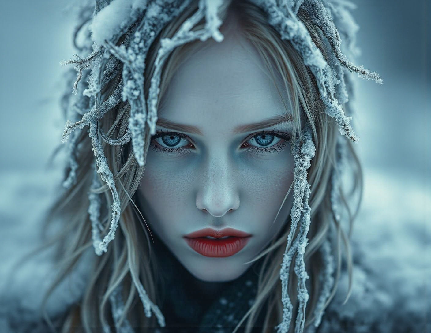 Woman With Frozen Hair and Blood Red Lips