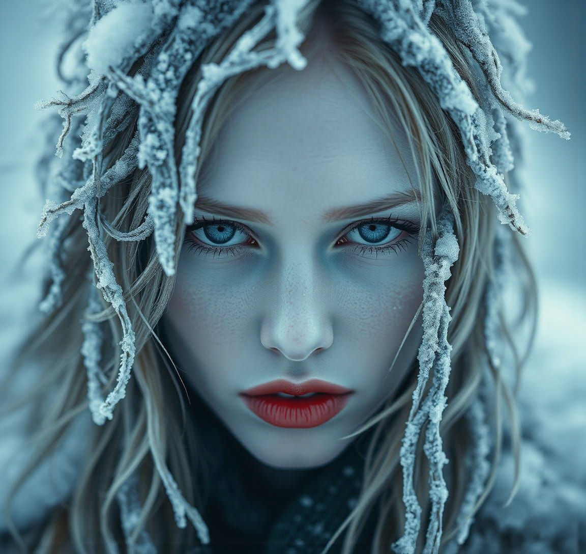 Woman with Frozen Hair and Red Lips in Snowy Landscape