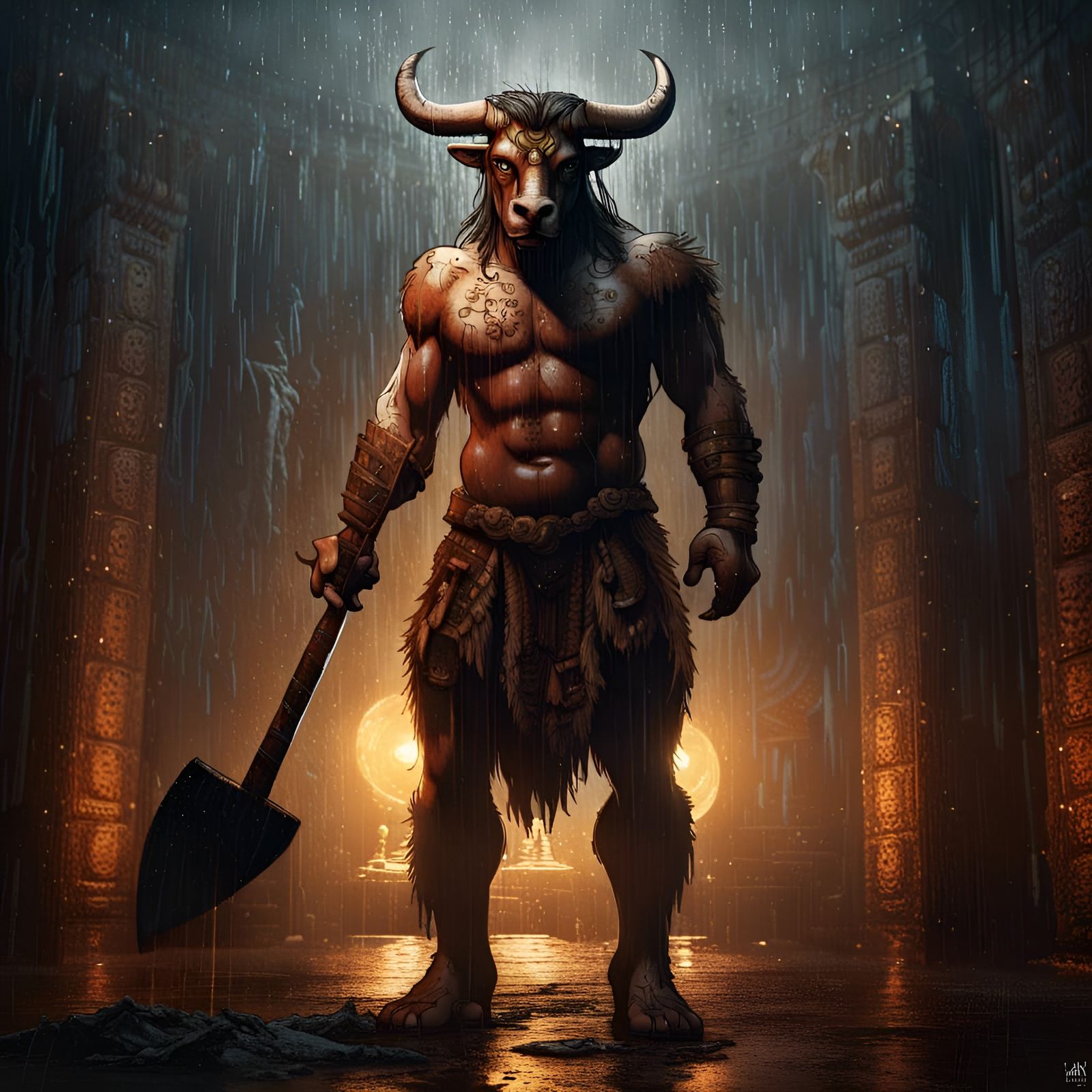 A Minotaur wielding an axe stands in front of his Labyrinth