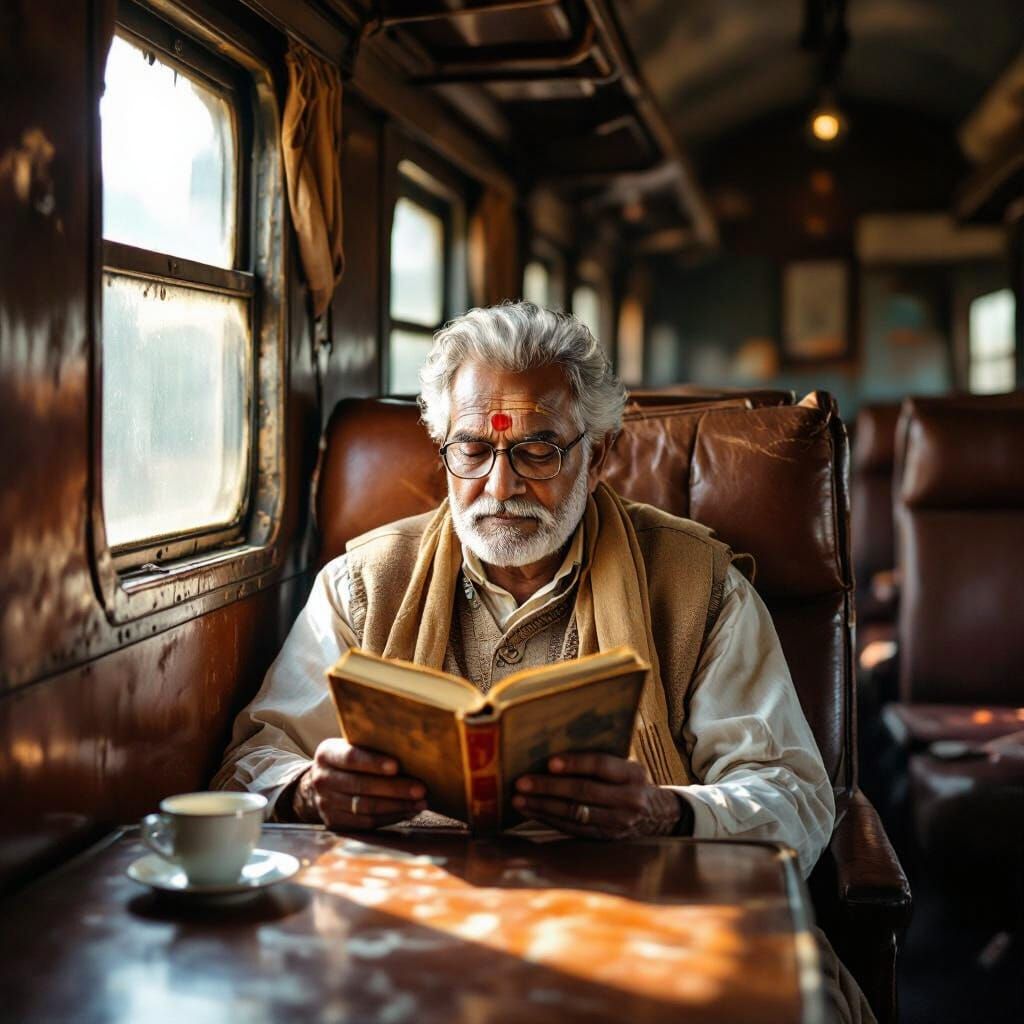 Elderly Man Reading on Vintage Train
