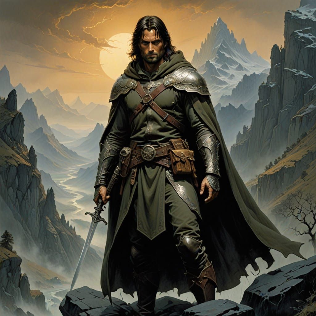 Aragorn Stands Proud as Ranger with Anduril in Majestic Moun...