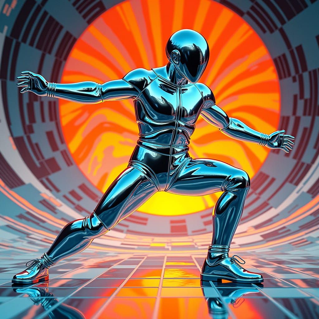 Futuristic Chrome Figure in Psychedelic OP-ART Backdrop