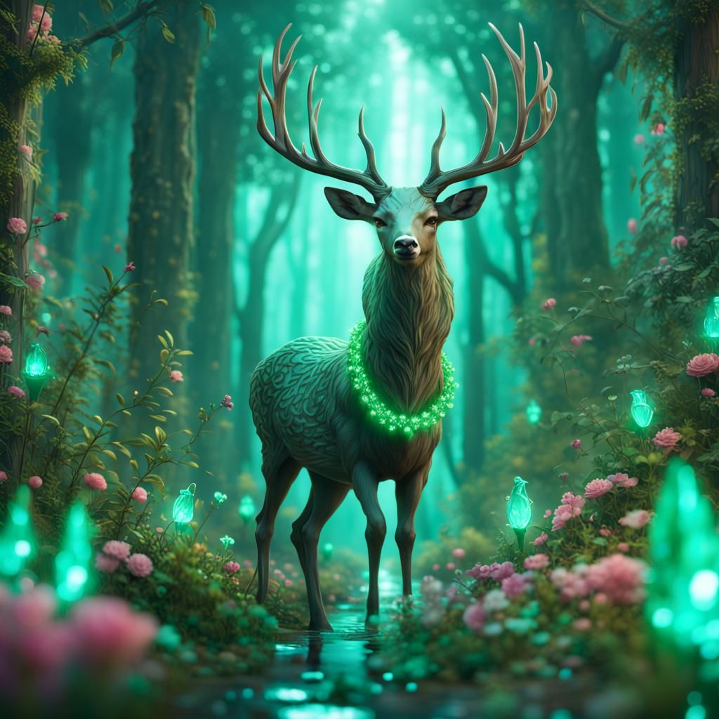 Fantasy Deer with Emeralds and Magic Lights