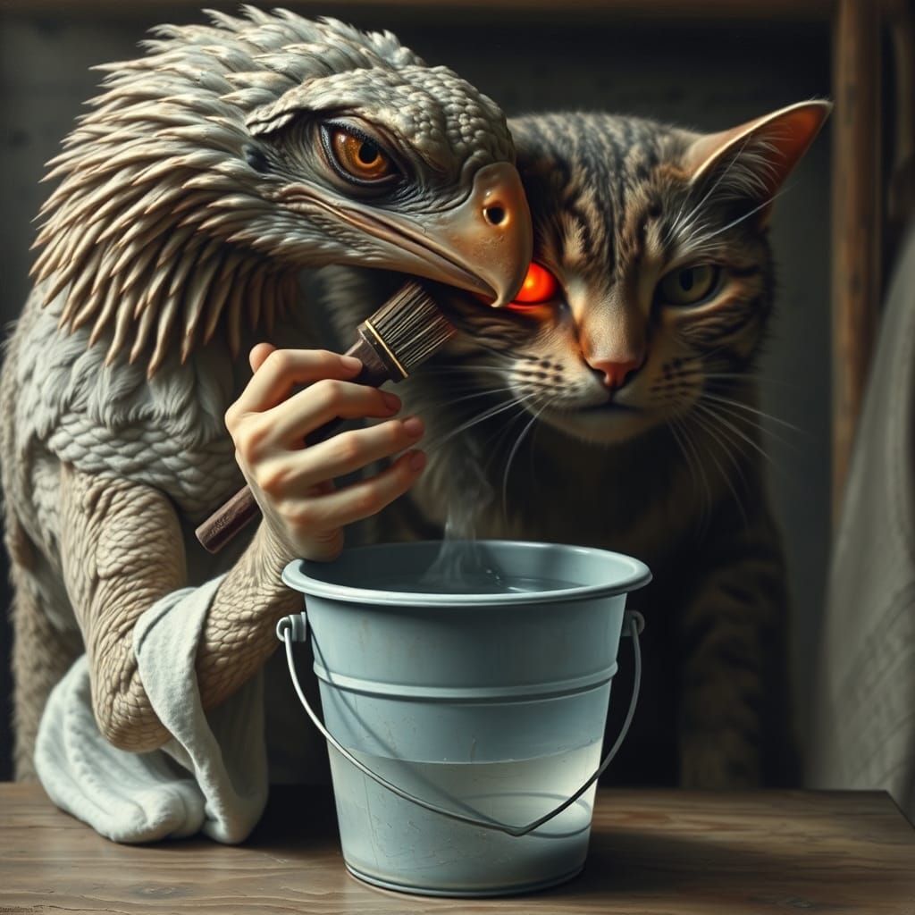 Eagle Lizard Cleans Cat Eye: Dürer-esque Surrealism