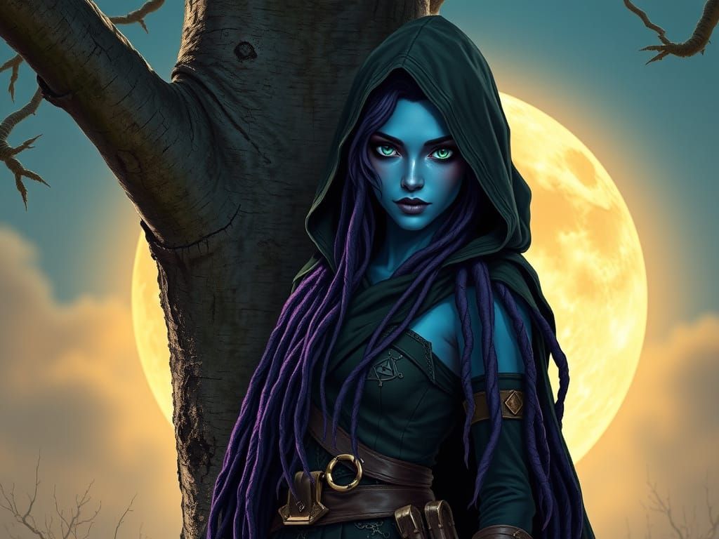 Enchanting Assassin Elf Leans Against Harvest Moon