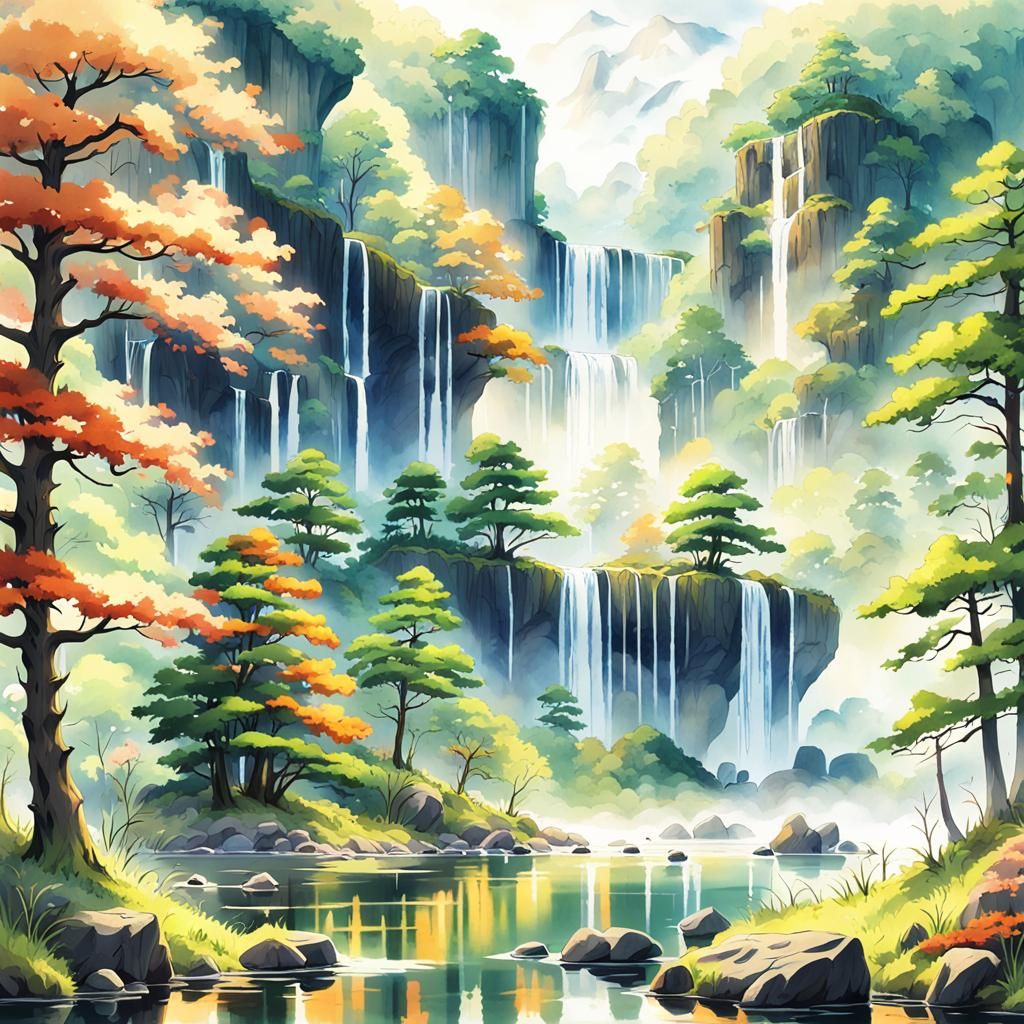 Serene Waterfall Forest in Anime Key Visual
