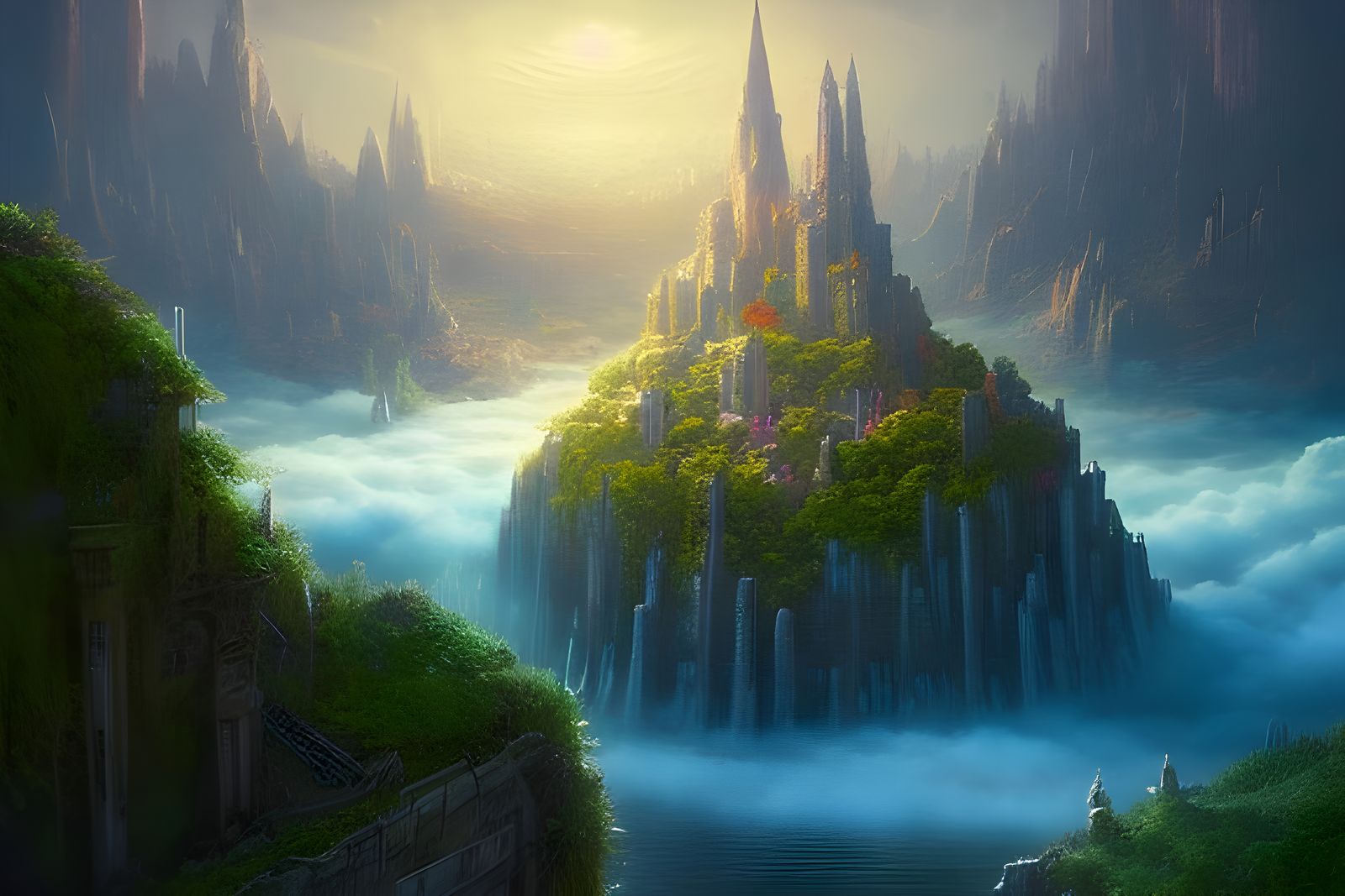 Floating Island Paradise Above Clouds, Fantasy Landscape