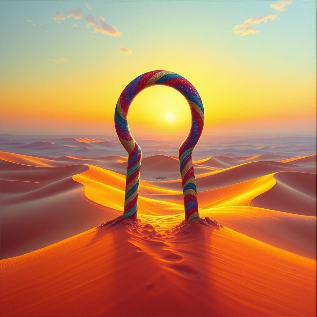 Surreal Desert Sunset with Candy Keyhole Oil Painting